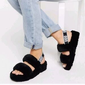 Ugg Womens Black Oh Yeah Shearling Sandals 8